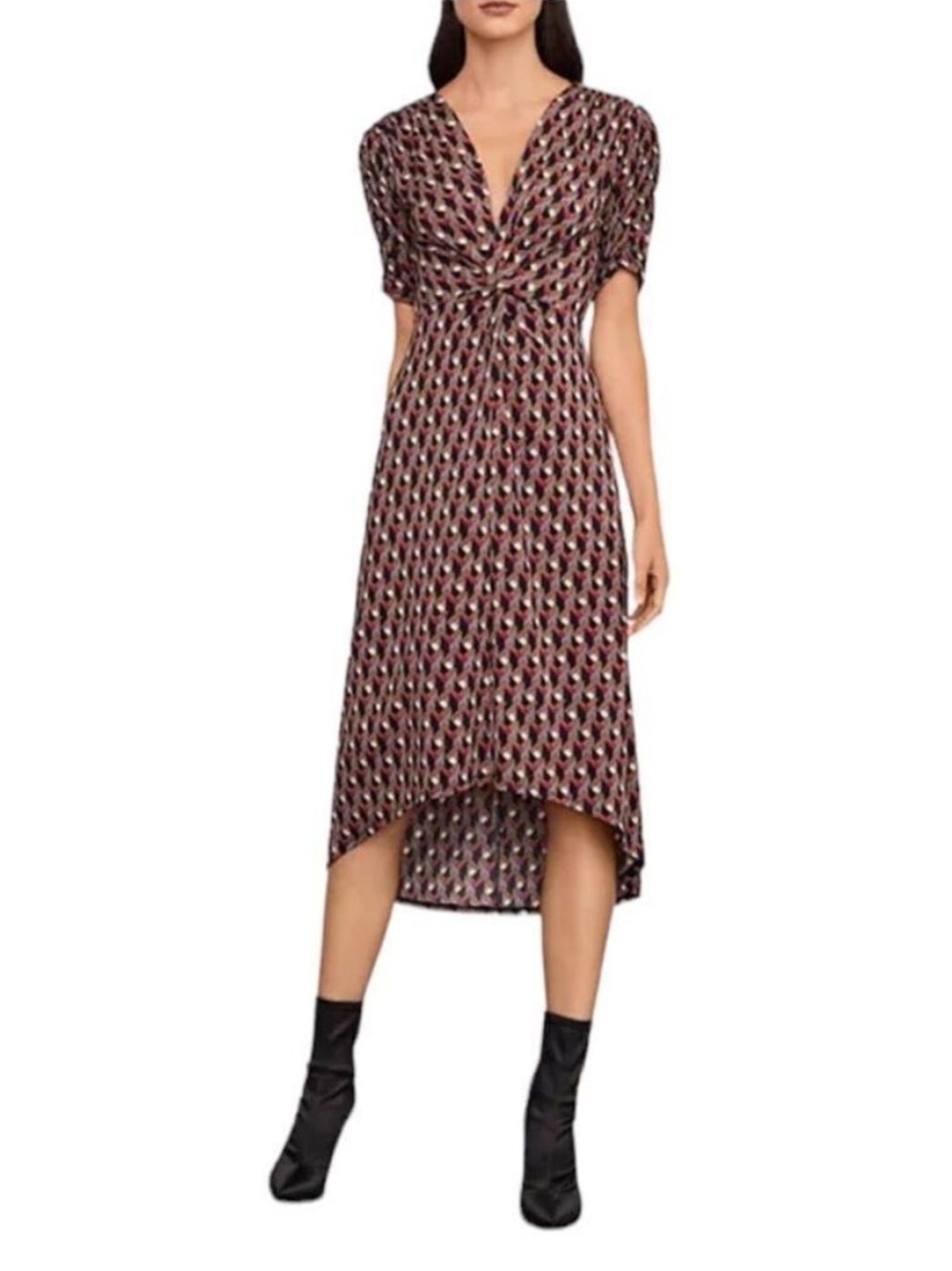 BCBGMAXAZRIA Twist-Front Geometric Print Midi Dress M